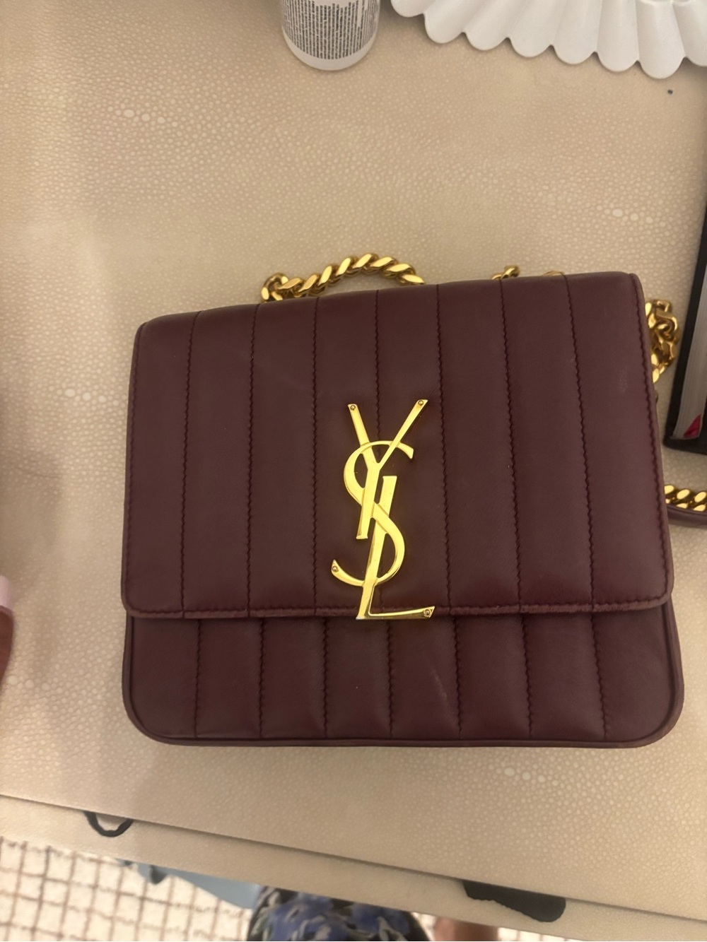 Saint Laurent Quilted Shoulder Bag in Burgundy with Gold Hardware